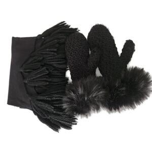 Surell Women's Black Mittens with Faux Fur Cuffs and Tasseled Black Scarf